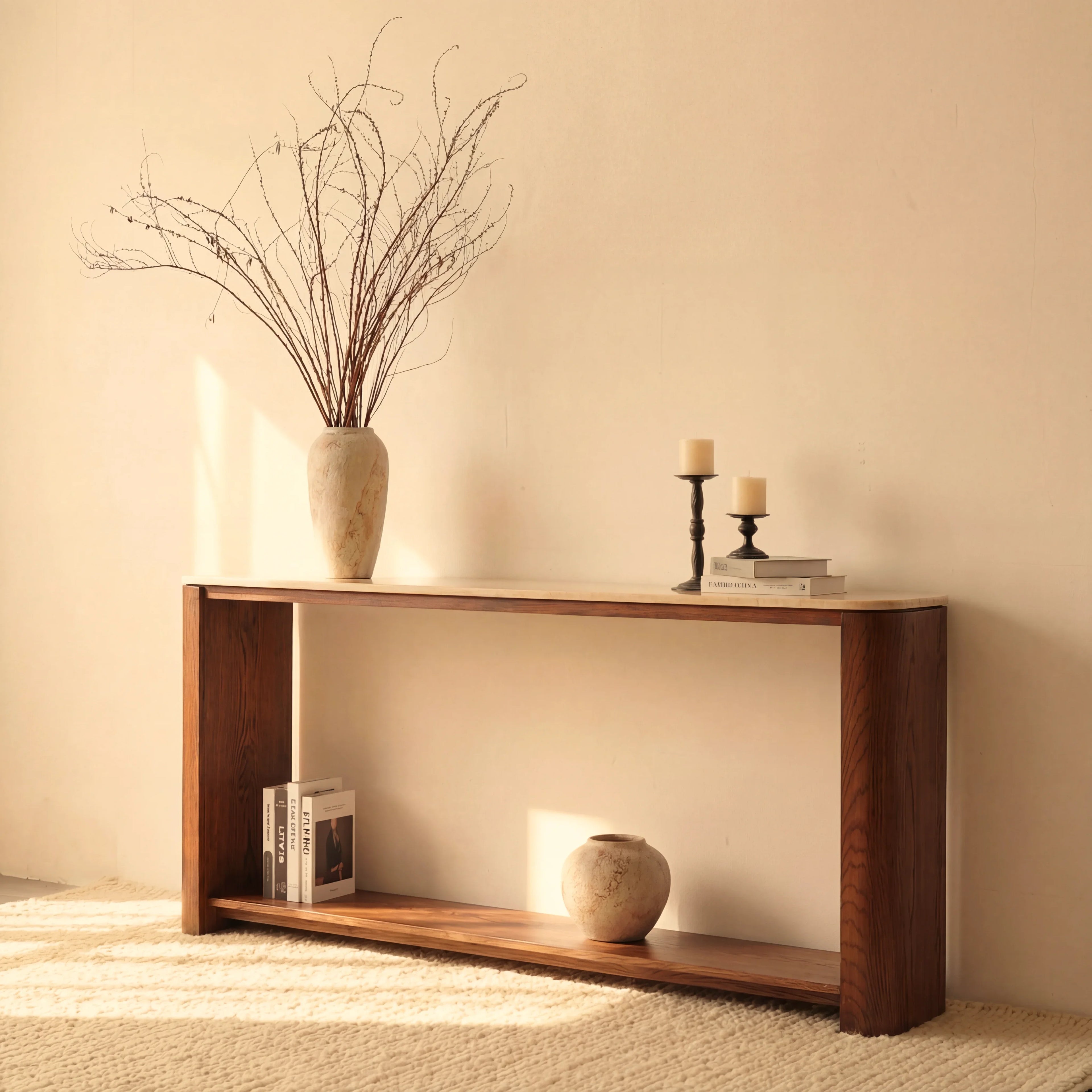 Ovelo Console Table Oak wood with travertine top