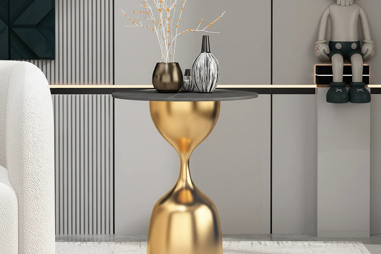Modern Marble Top Side Table, Sculptural Pedestal Accent Table, Luxury Gold End Table for Living Room Bedroom