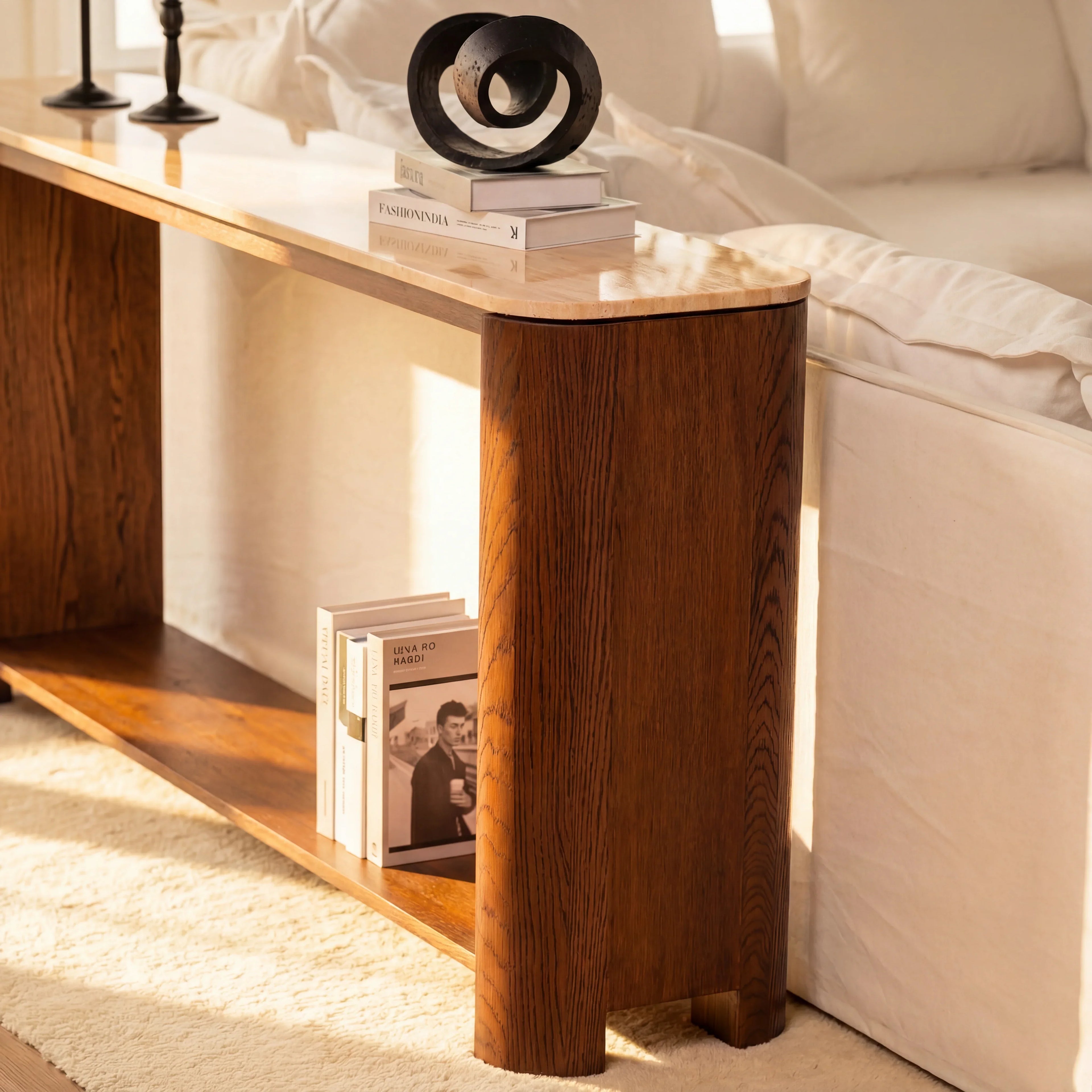 Ovelo Console Table Oak wood with travertine top