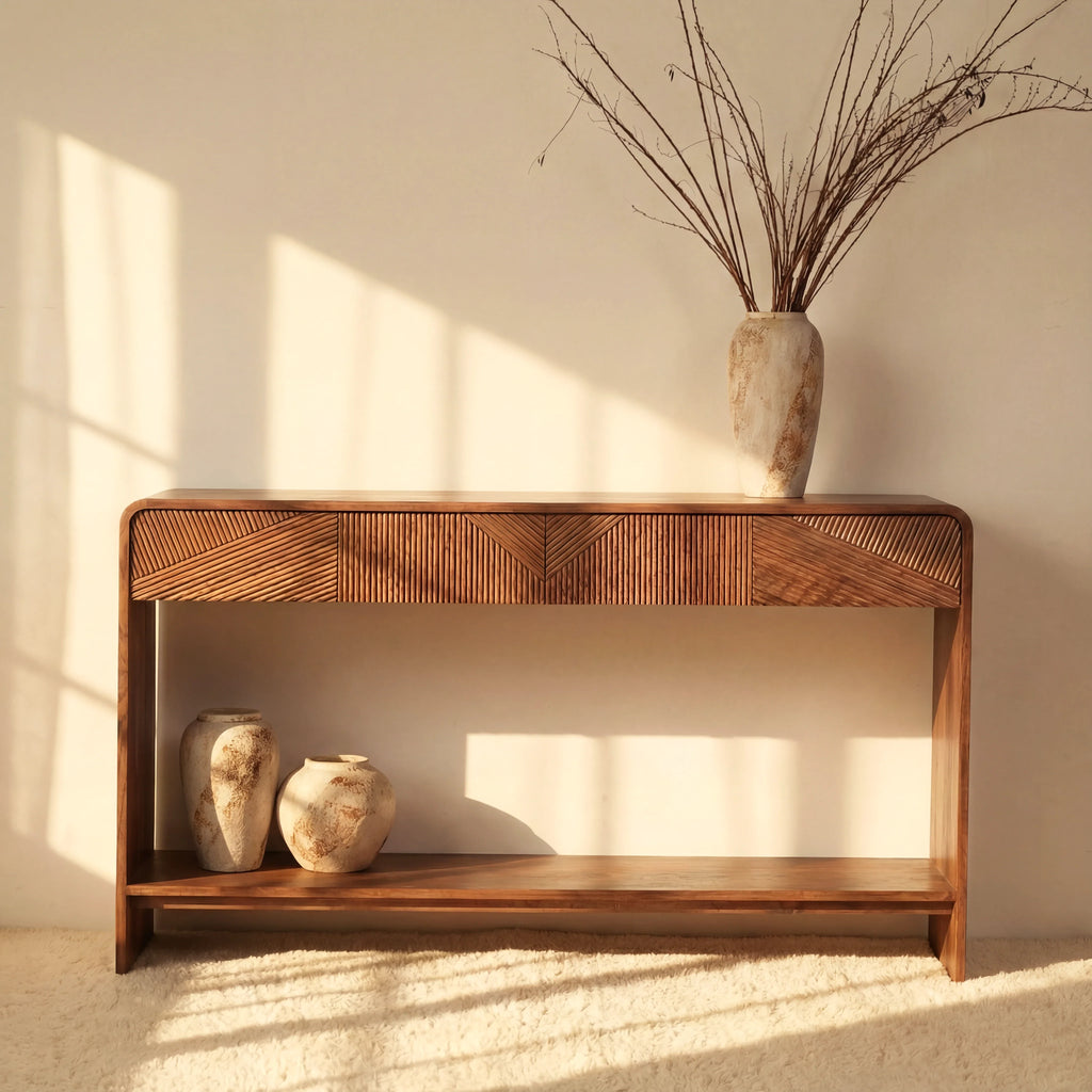 VISTA Console Table White oak with sculpted slat detailing