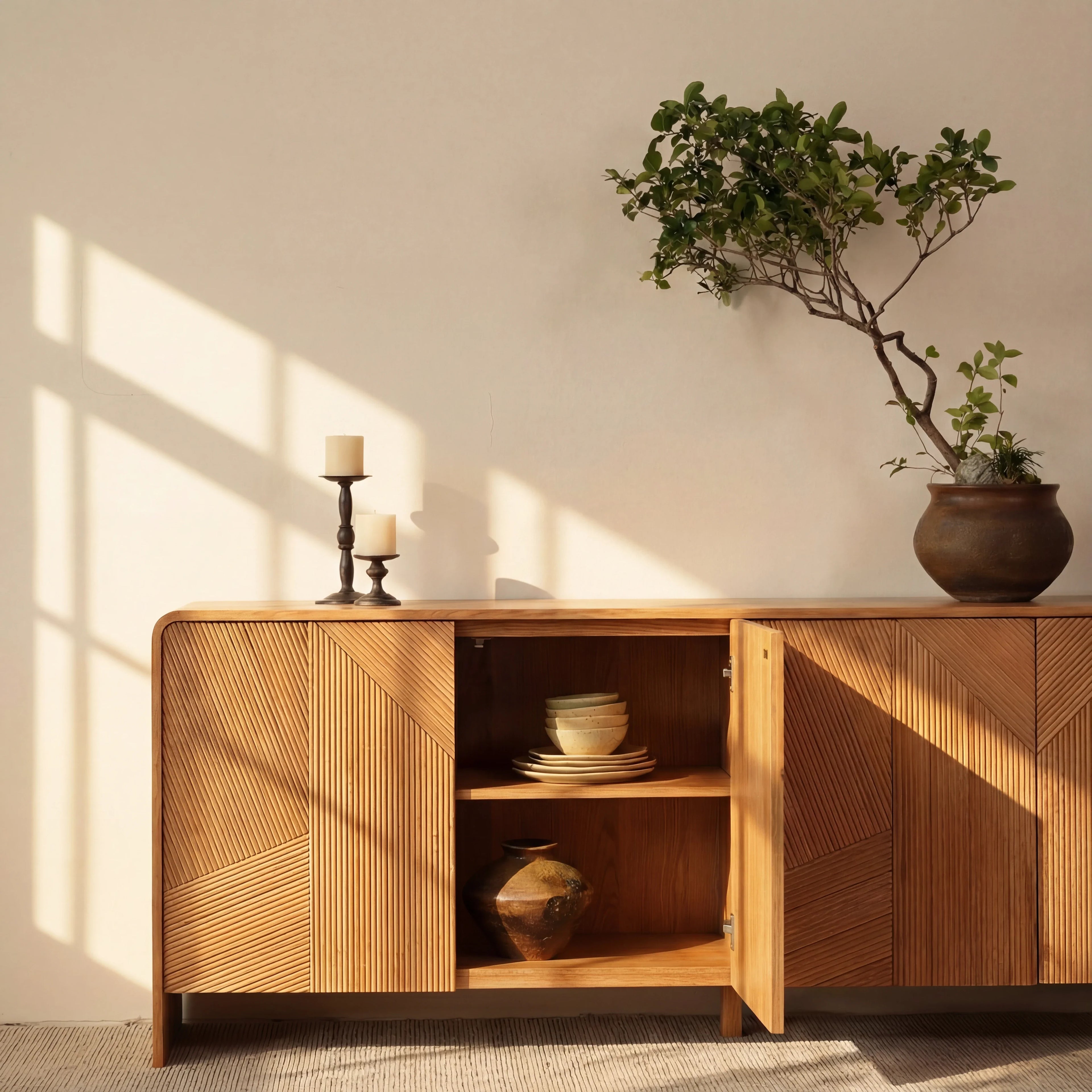 Vista Sideboard White oak with sculpted slat detailing