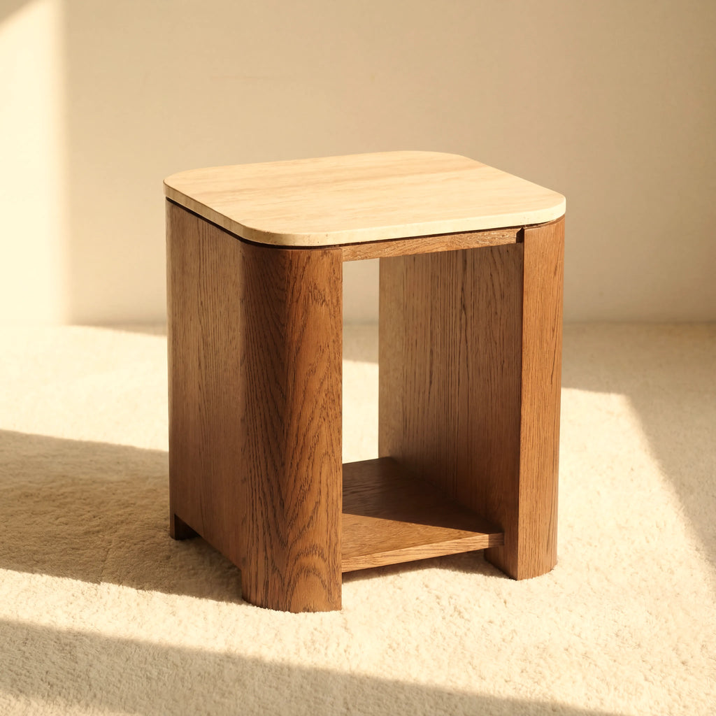 Ovelo Side Table Oak wood with travertine top