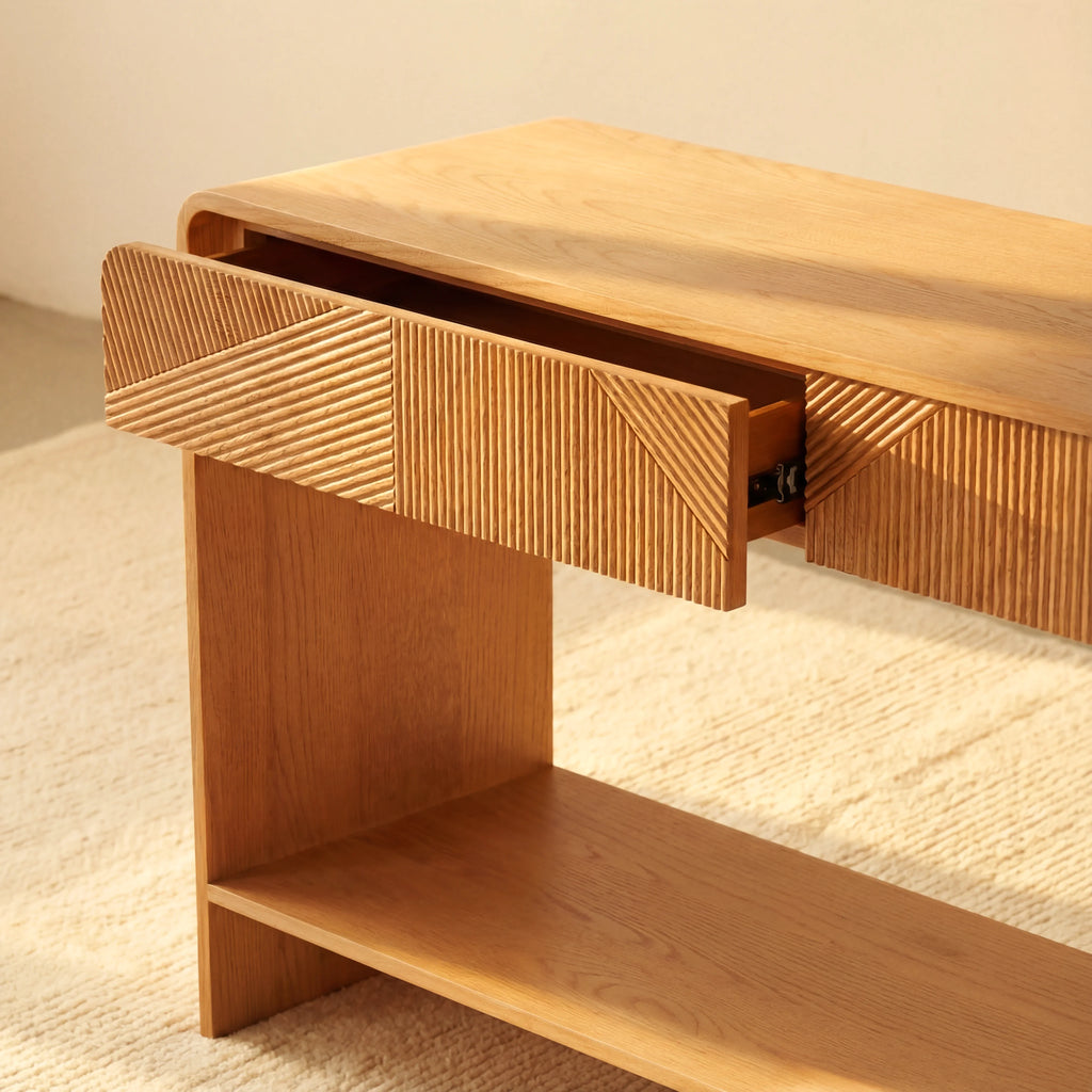 VISTA Console Table White oak with sculpted slat detailing