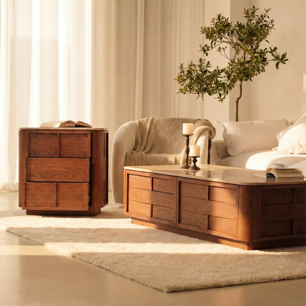 Hearth Bedside Table Oak wood with travertine top