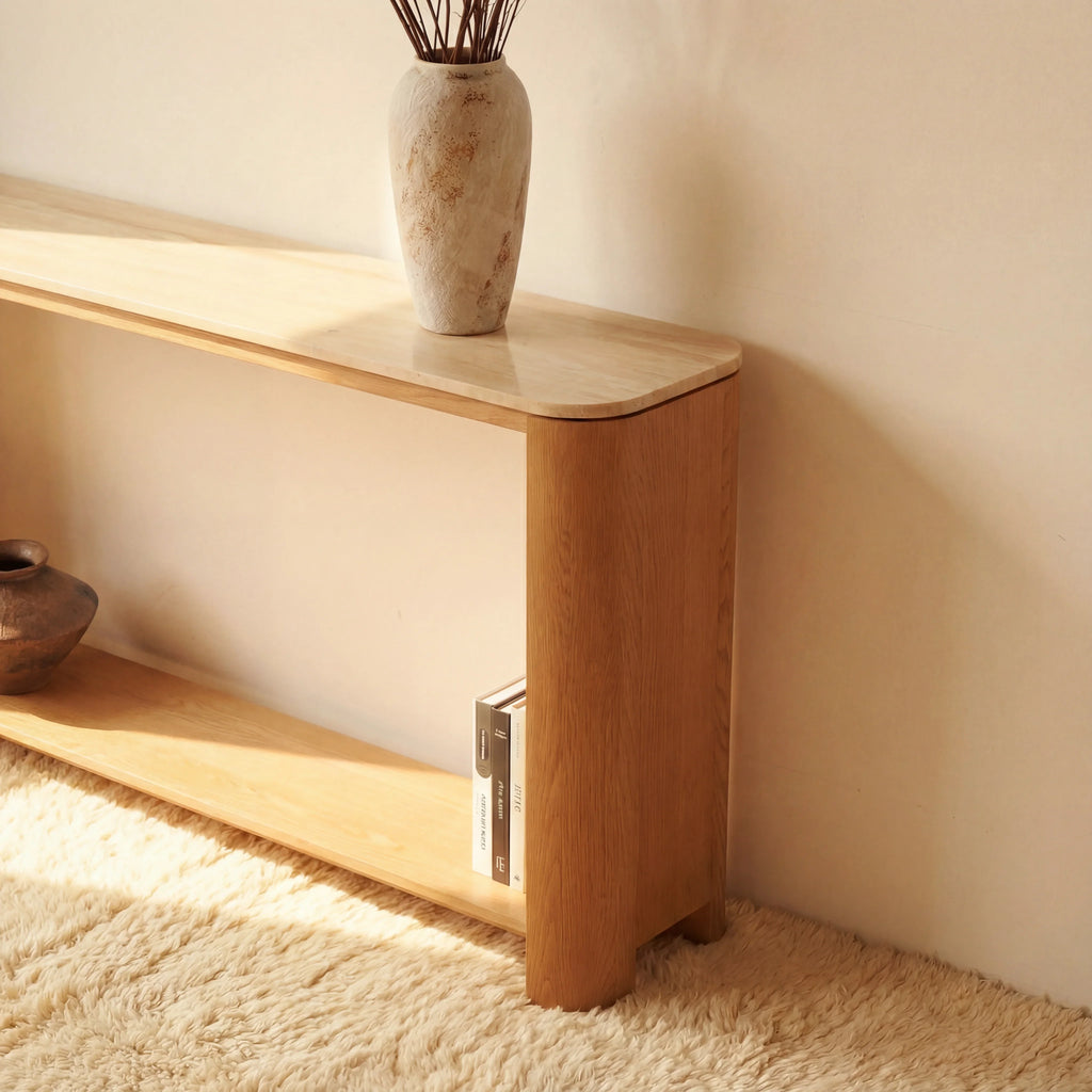 Ovelo Console Table Oak wood with travertine top
