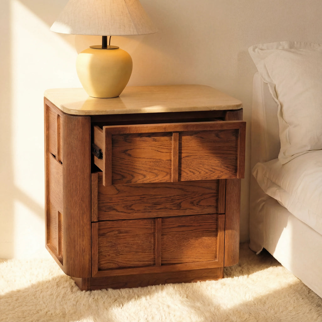 Hearth Bedside Table Oak wood with travertine top